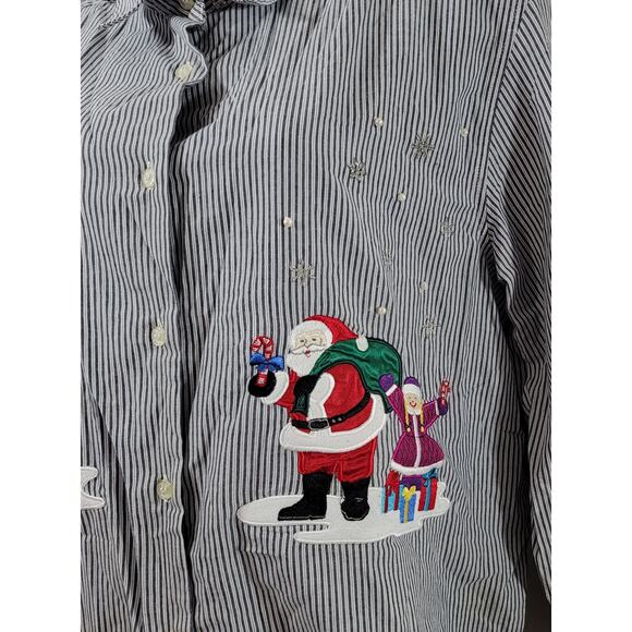 VTG Karen Scott Blue Striped Christmas Embroidered Scene Button Up Top Large - Picture 5 of 7